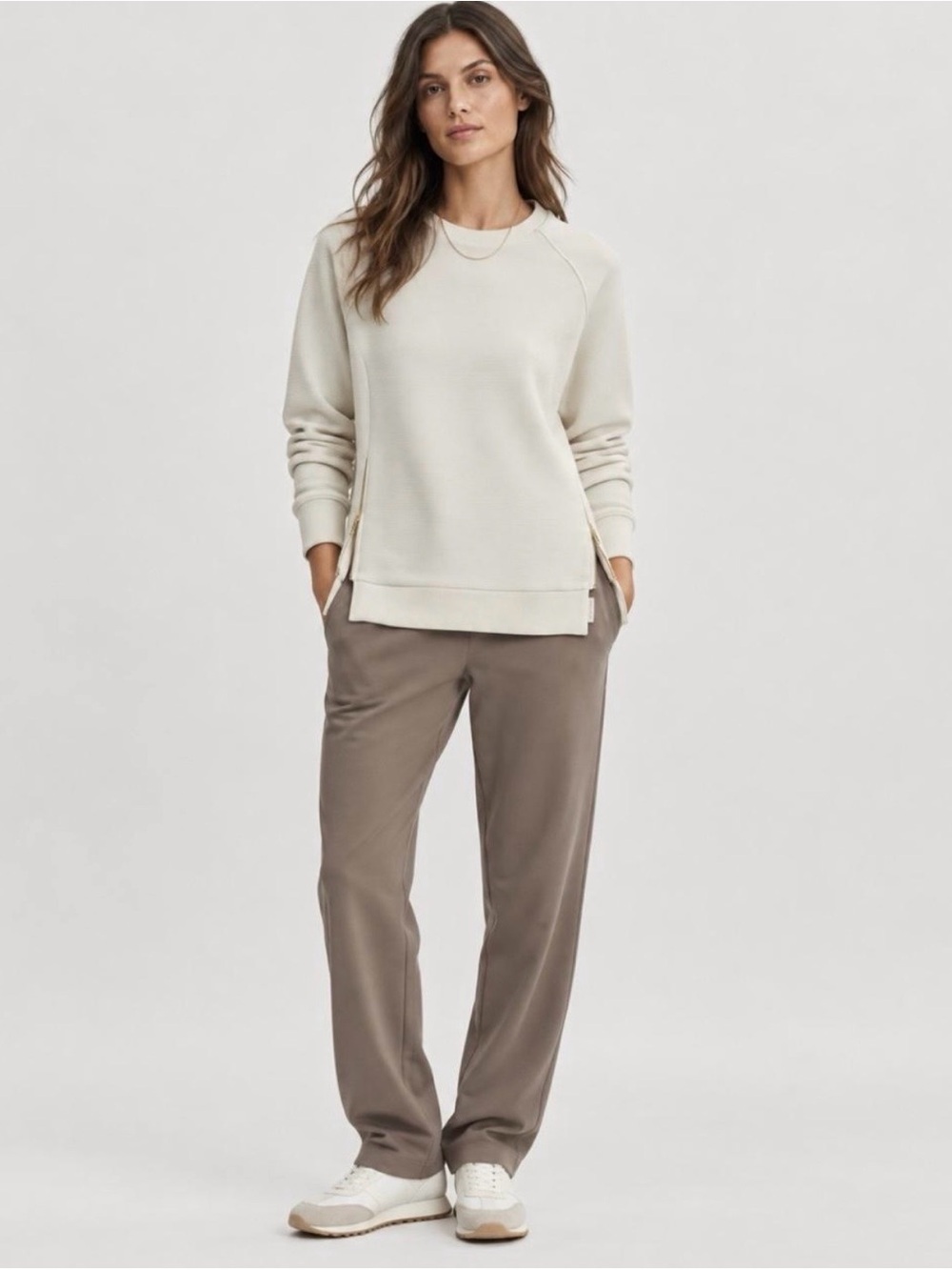 Varley Manning Cream Crewneck Sweater Side Gold Zippers Medium $110